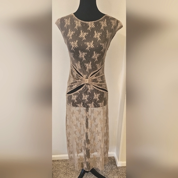 Second Skin Brown Sheer Lace Midi Dress XS New - Picture 1 of 9